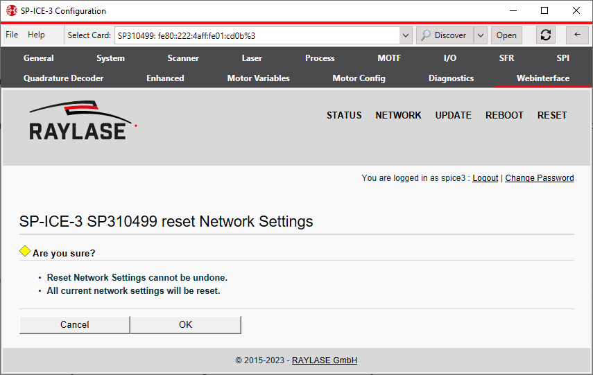 SP-ICE-3 Web Interface-Reset-Network-Confirm